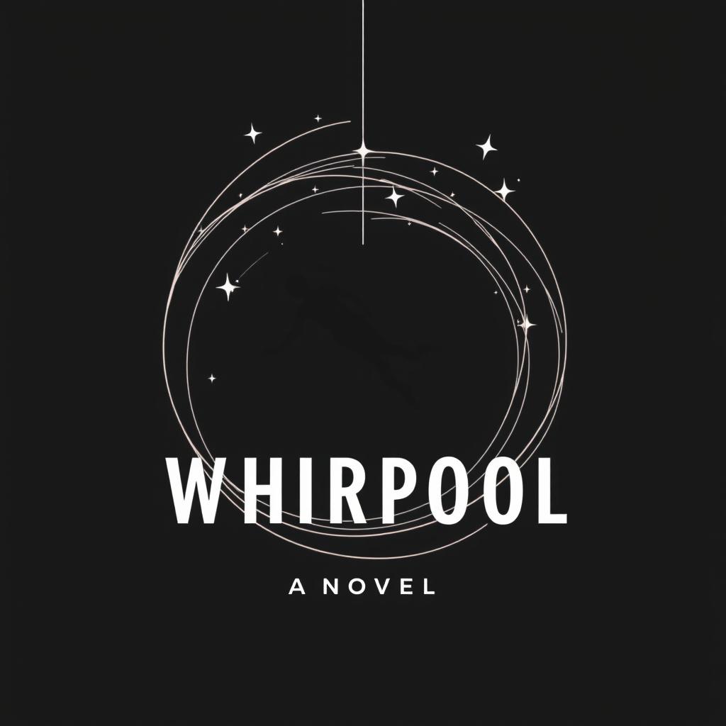 A minimalist book cover for a novel titled 'Whirlpool', featuring a striking composition with a black background