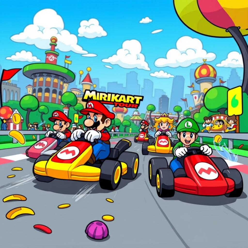 A vibrant and dynamic illustration inspired by Mario Kart Tour, featuring iconic characters such as Mario, Luigi, and Princess Peach racing in colorful go-karts on a whimsical track