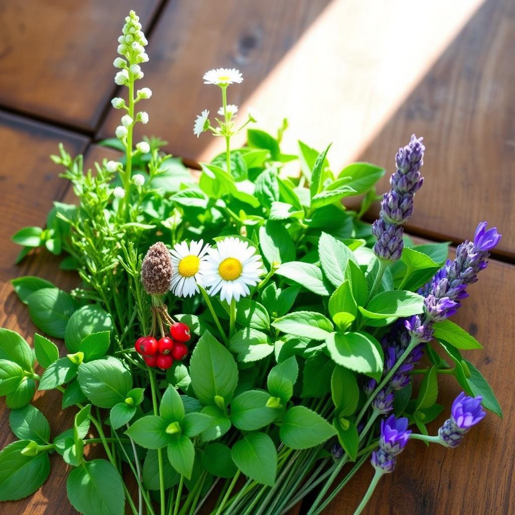 A beautiful arrangement of five different herbs: valerian with its tall green stems and small white flowers, chamomile featuring its daisy-like blossoms, ashwagandha with its distinctive red berries and green foliage, lemon balm showcasing its vibrant green leaves, and lavender with its elegant purple spikes of flowers