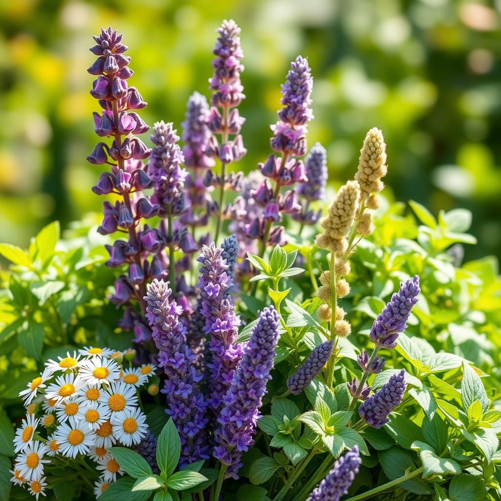 A beautiful arrangement of herbs including valerian, chamomile, ashwagandha, lemon balm, and lavender