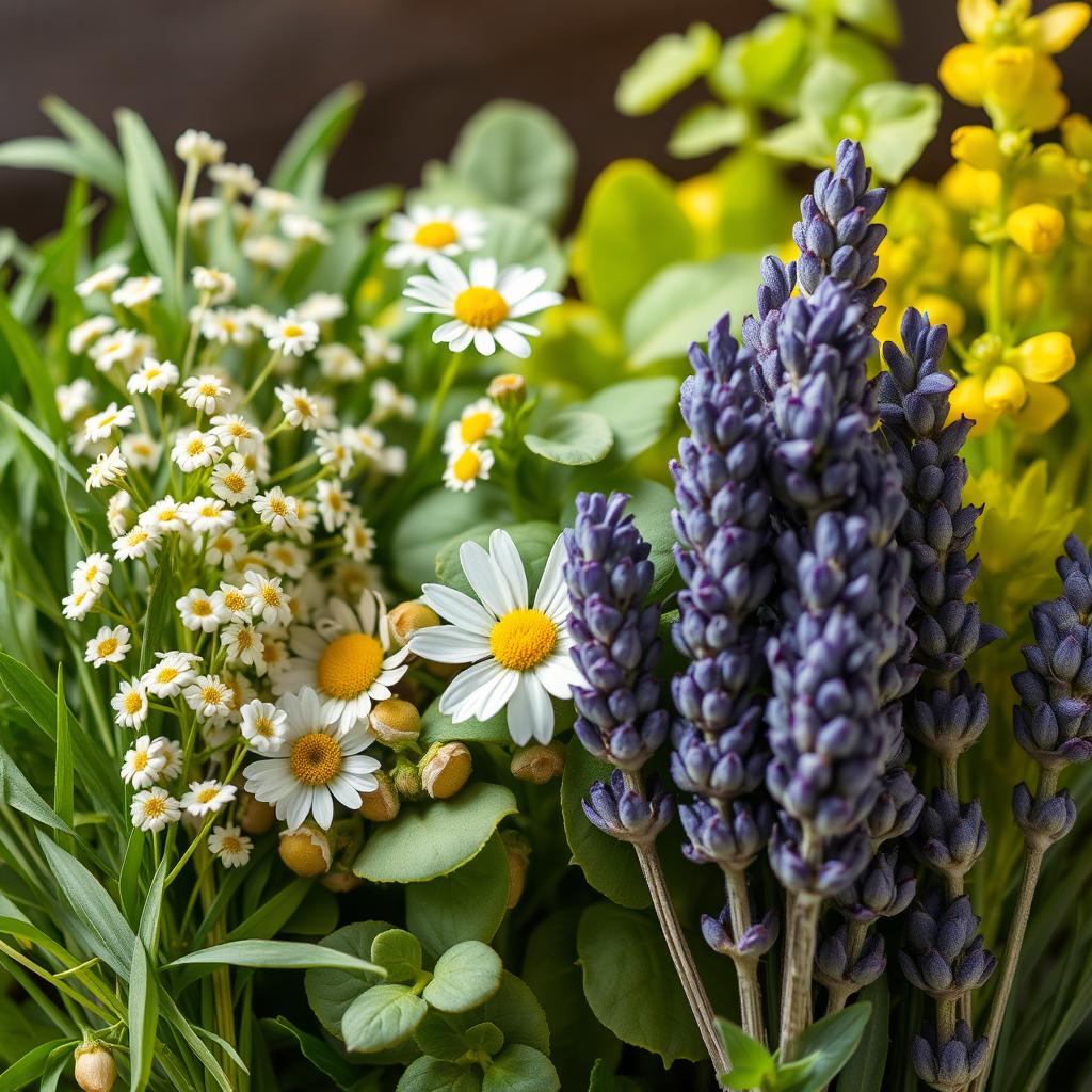 An artistic arrangement of fresh herbs including valerian, chamomile, ashwagandha, lemon balm, and lavender
