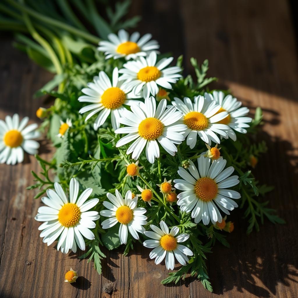A beautifully arranged still life of fresh chamomile herbs, showcasing their delicate white petals and yellow centers