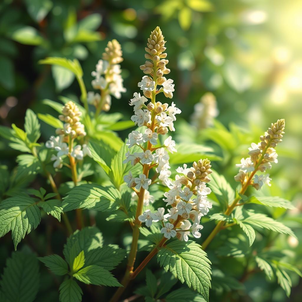 A detailed and vibrant illustration of valerian herbs, showcasing their lush green leaves and delicate white flowers