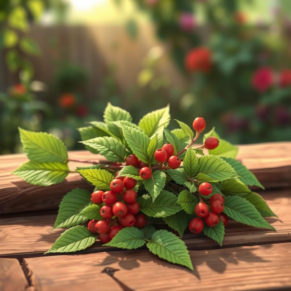 A detailed and vibrant illustration of fresh ashwagandha herbs with lush green leaves and vibrant red berries, placed on a rustic wooden surface