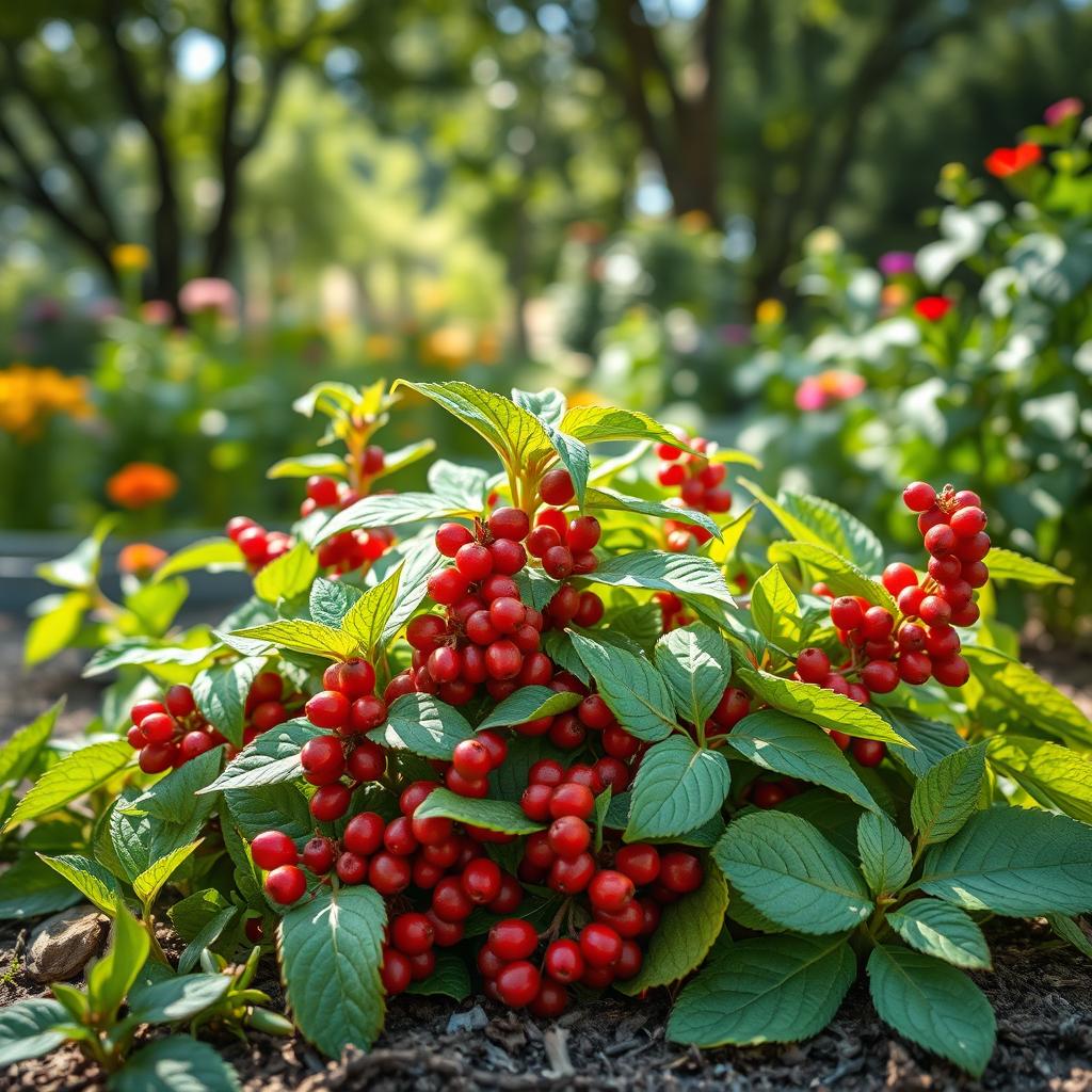 A beautiful arrangement of fresh ashwagandha herbs, showcasing their lush green leaves and distinct red berries