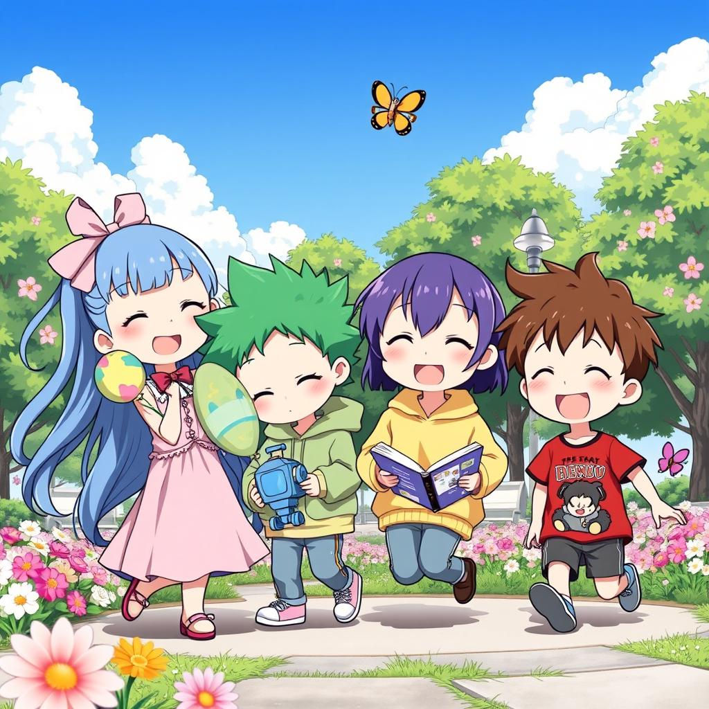 A group of four adorable chibi-style anime characters, each with oversized heads and small bodies, expressing joyful emotions