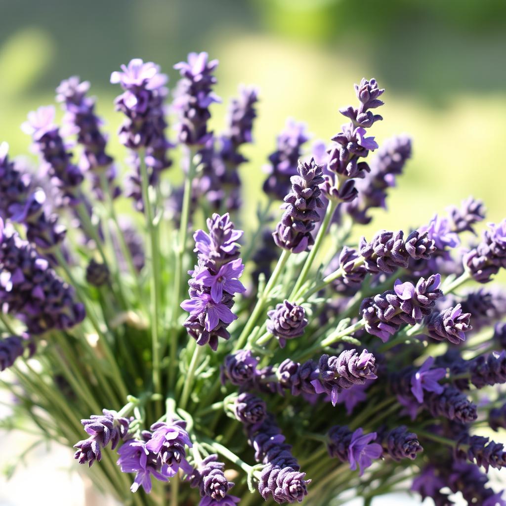 A beautifully arranged bouquet of lavender herbs, showcasing vibrant purple flowers and green stems, set against a soft, natural background