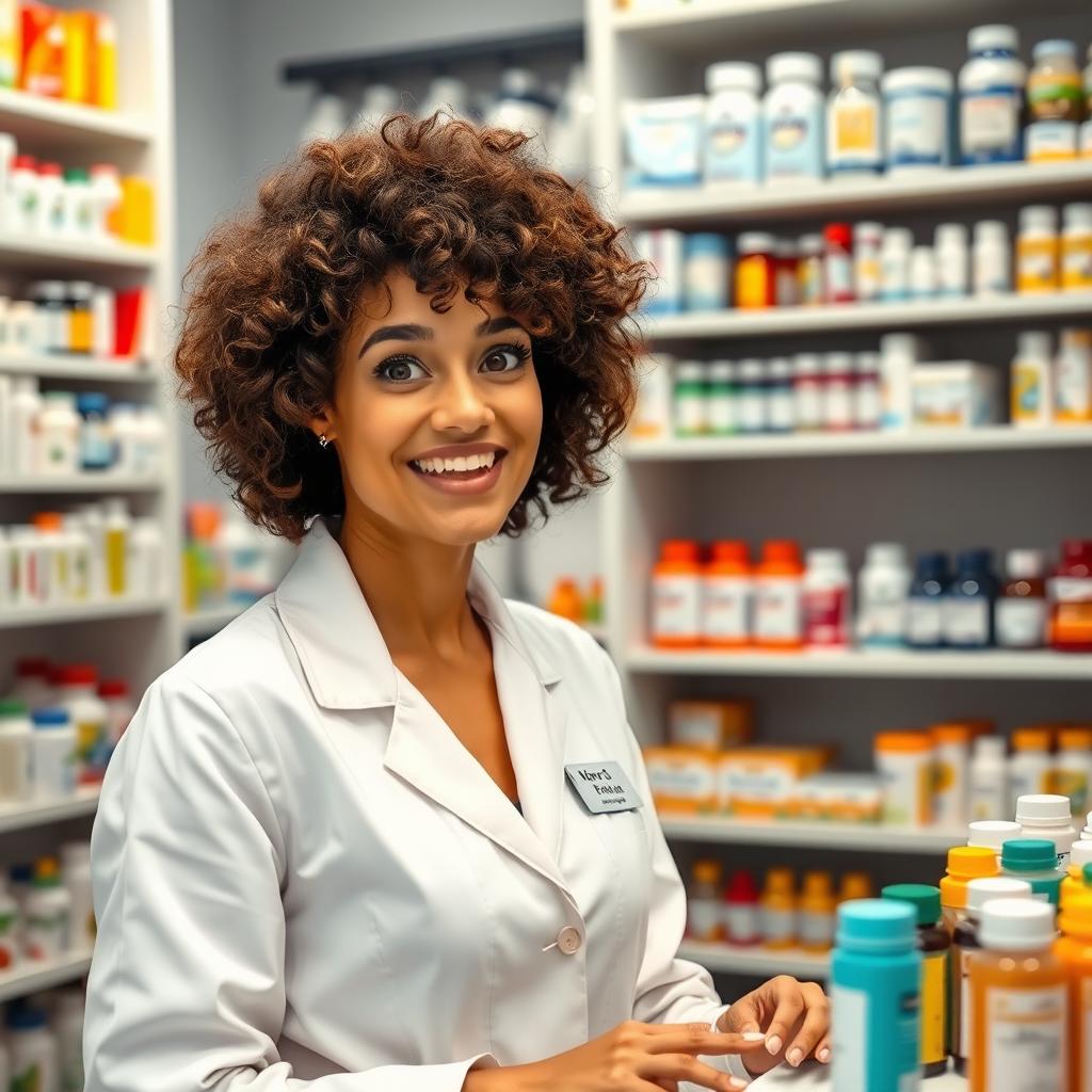 A pharmacist with curly hair and big eyes, wearing a white lab coat, is engaged in explaining something with an enthusiastic expression