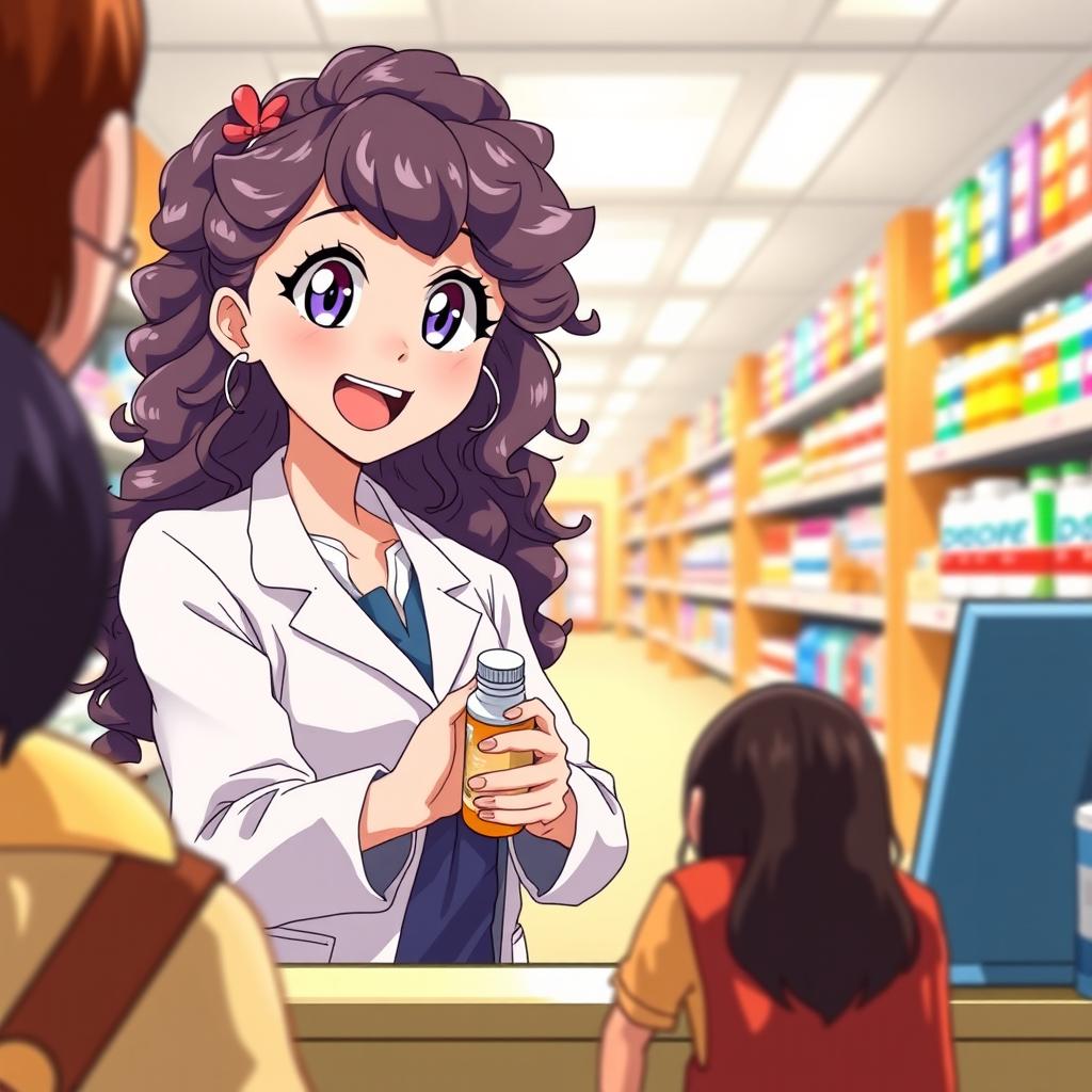 A female pharmacist with long curly hair and large expressive eyes, animated in a vibrant anime style