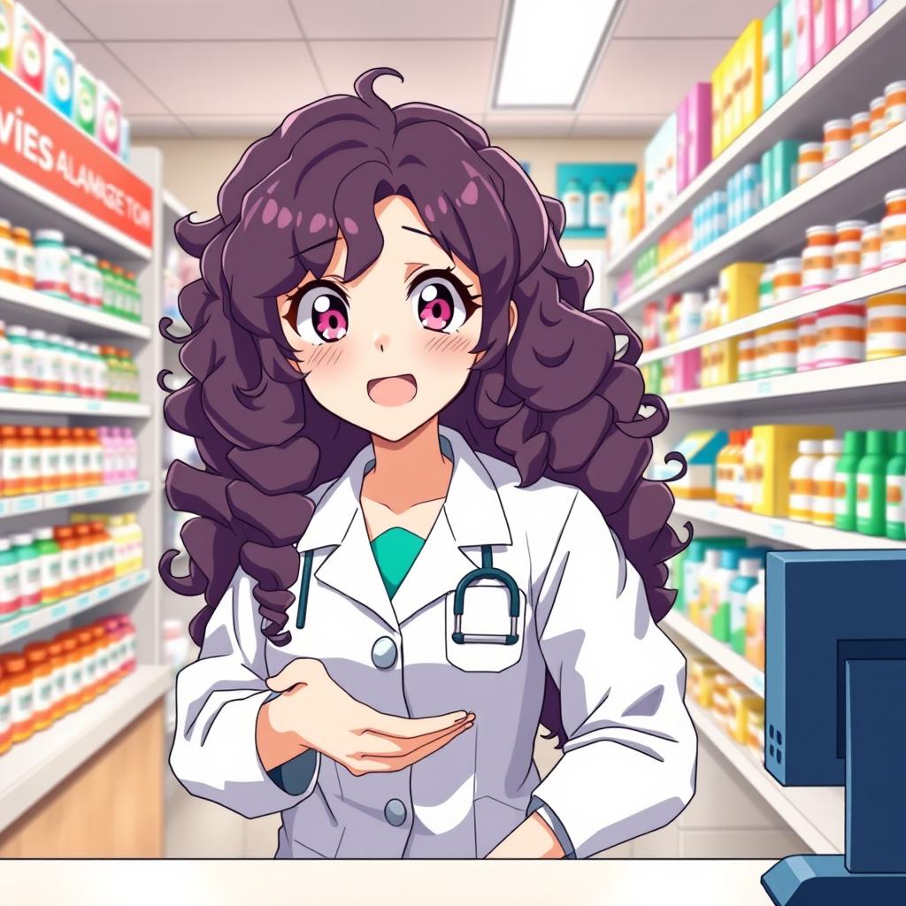 A female pharmacist with long curly hair and big expressive eyes, standing behind a pharmacy counter