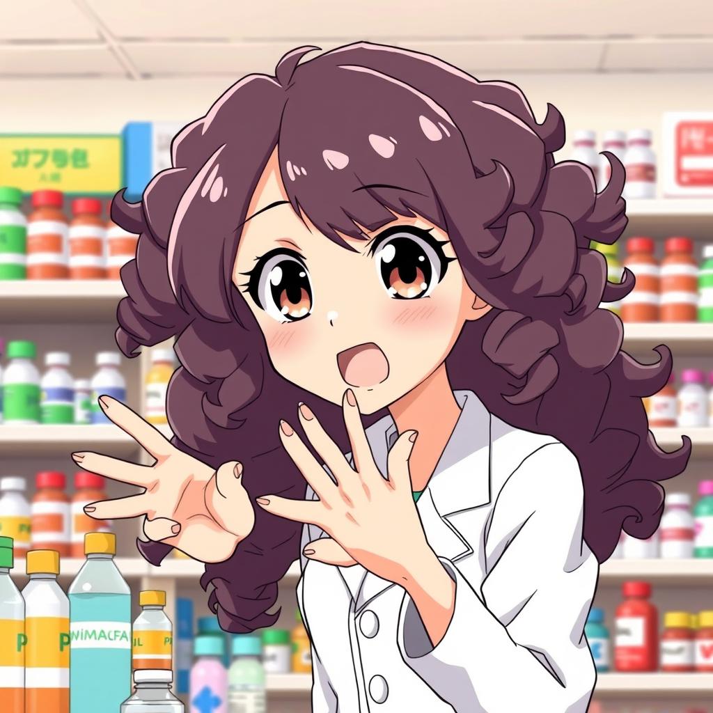 A female pharmacist with long, curly hair and big expressive eyes, enthusiastically explaining something