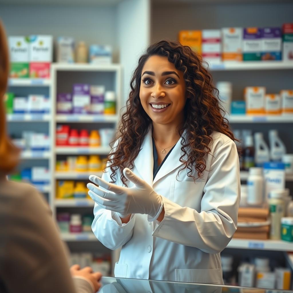 A pharmacist with long curly hair and big expressive eyes, wearing a white lab coat and protective gloves, standing behind a pharmacy counter