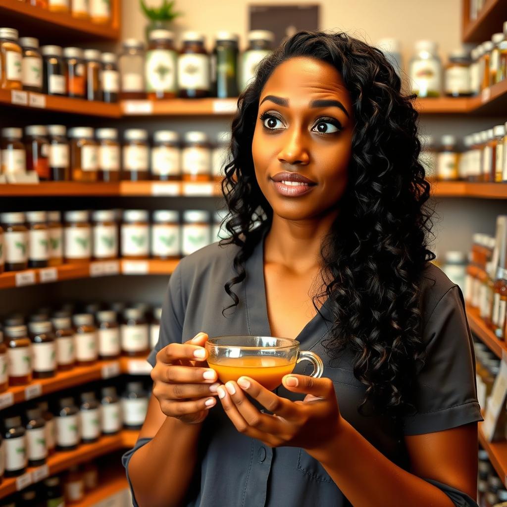 A knowledgeable pharmacist with long, black, curly hair, a light brown complexion, and big, black eyes