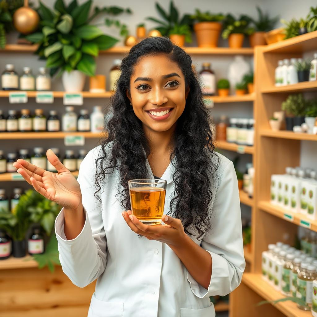 A pharmacist with long, black, curly hair and a light brown complexion, with big, black eyes, is enthusiastically explaining the benefits of herbal tea