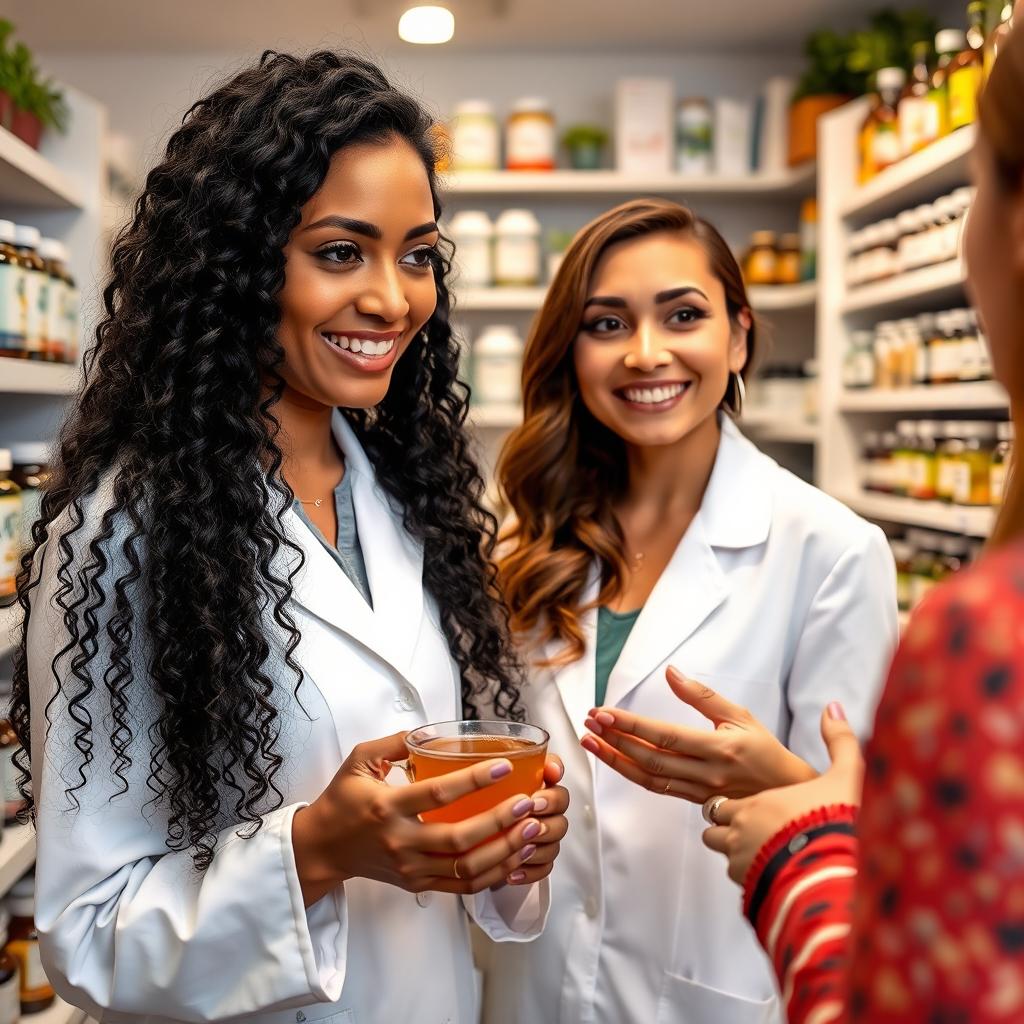 A professional pharmacist with long, black, curly hair, a light brown complexion, and big, expressive black eyes