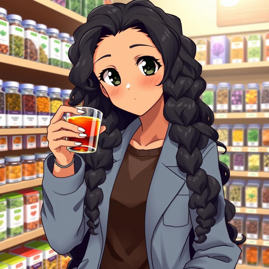 An anime-style pharmacist with long, black, curly hair and a light brown complexion, featuring big, expressive black eyes