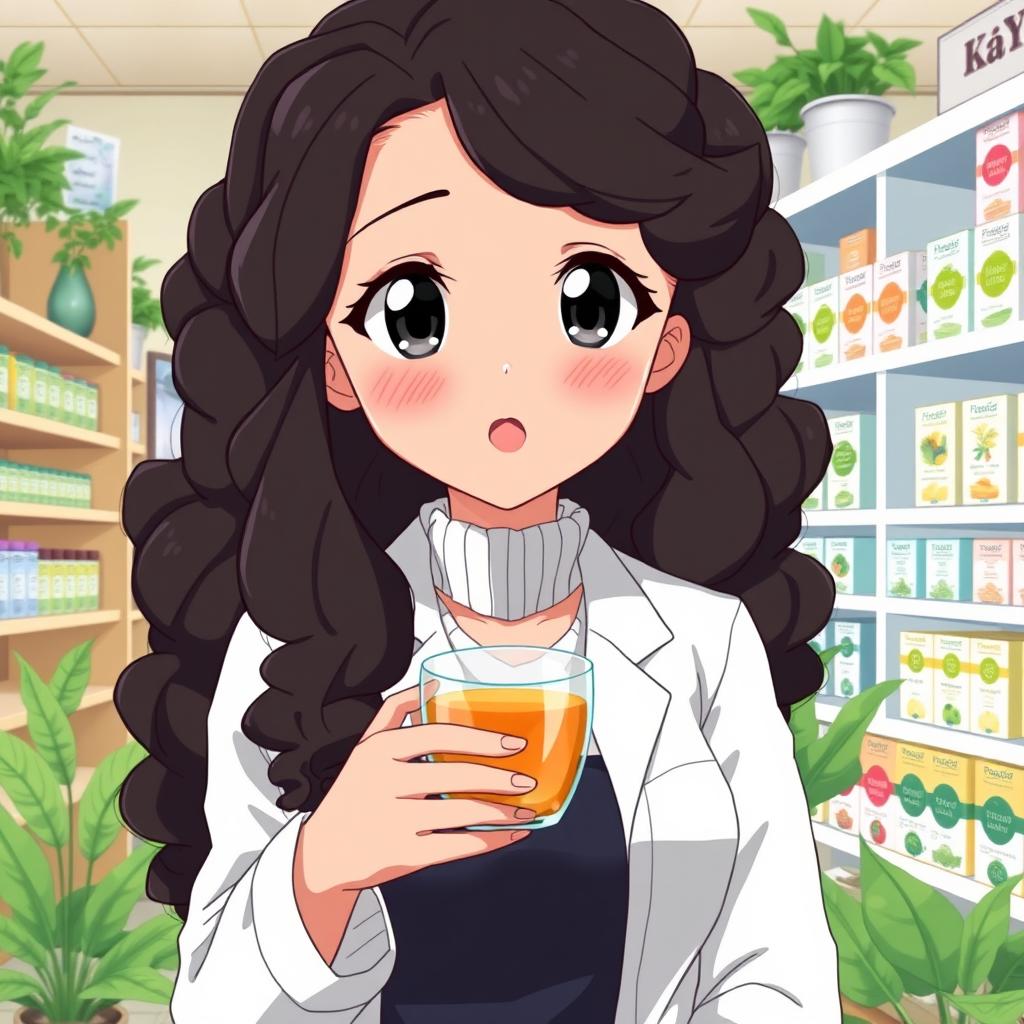 An anime-style illustration of a pharmacist with long, black, curly hair and a light brown complexion, featuring big, expressive black eyes