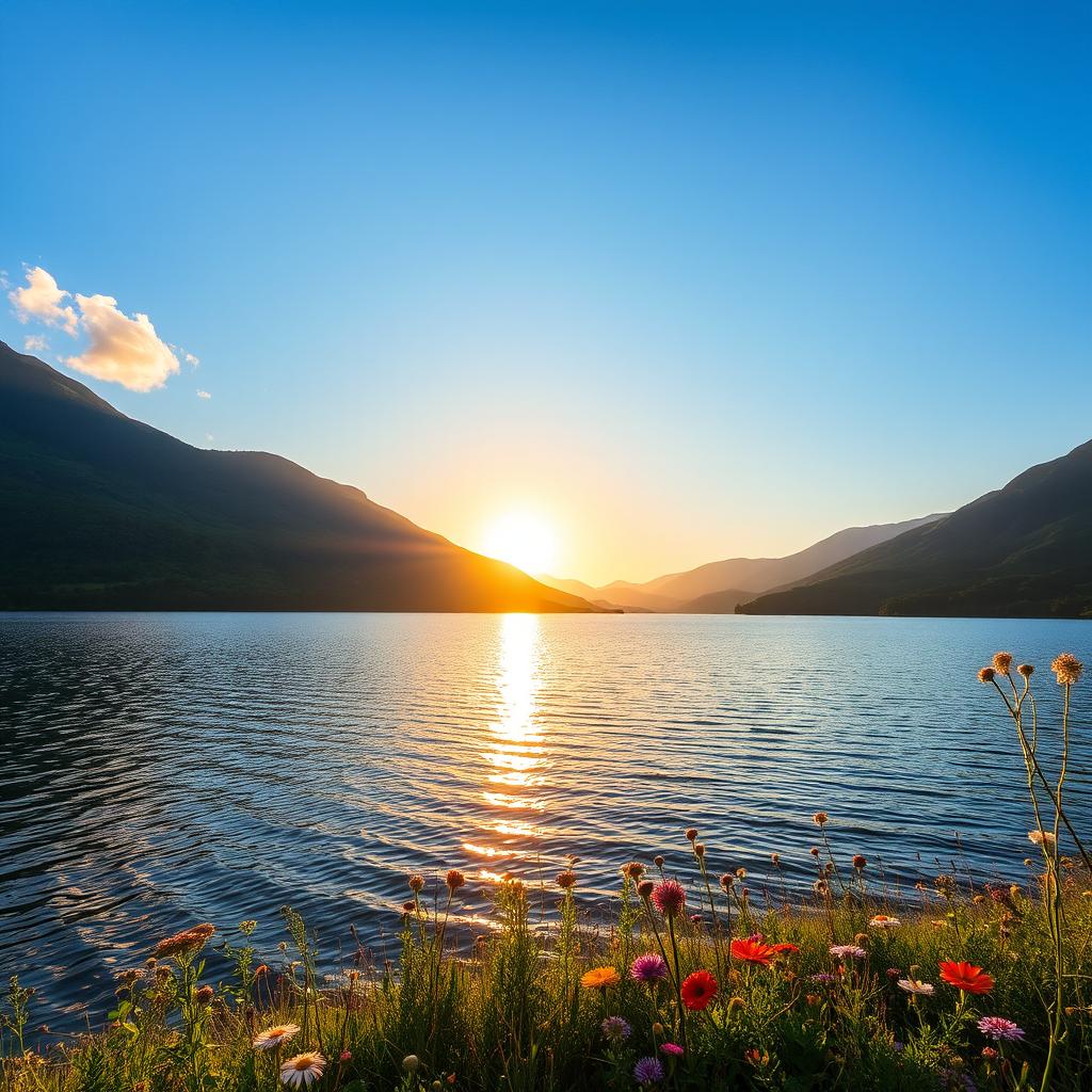A serene landscape with a tranquil lake surrounded by lush, green mountains under a bright blue sky