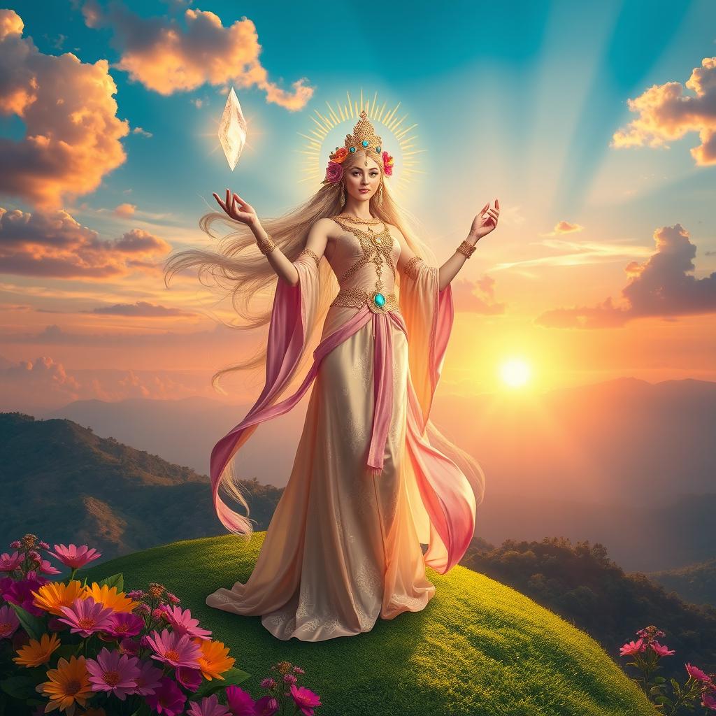 A magnificent goddess standing atop a lush green hill, surrounded by vibrant flowers and ethereal light