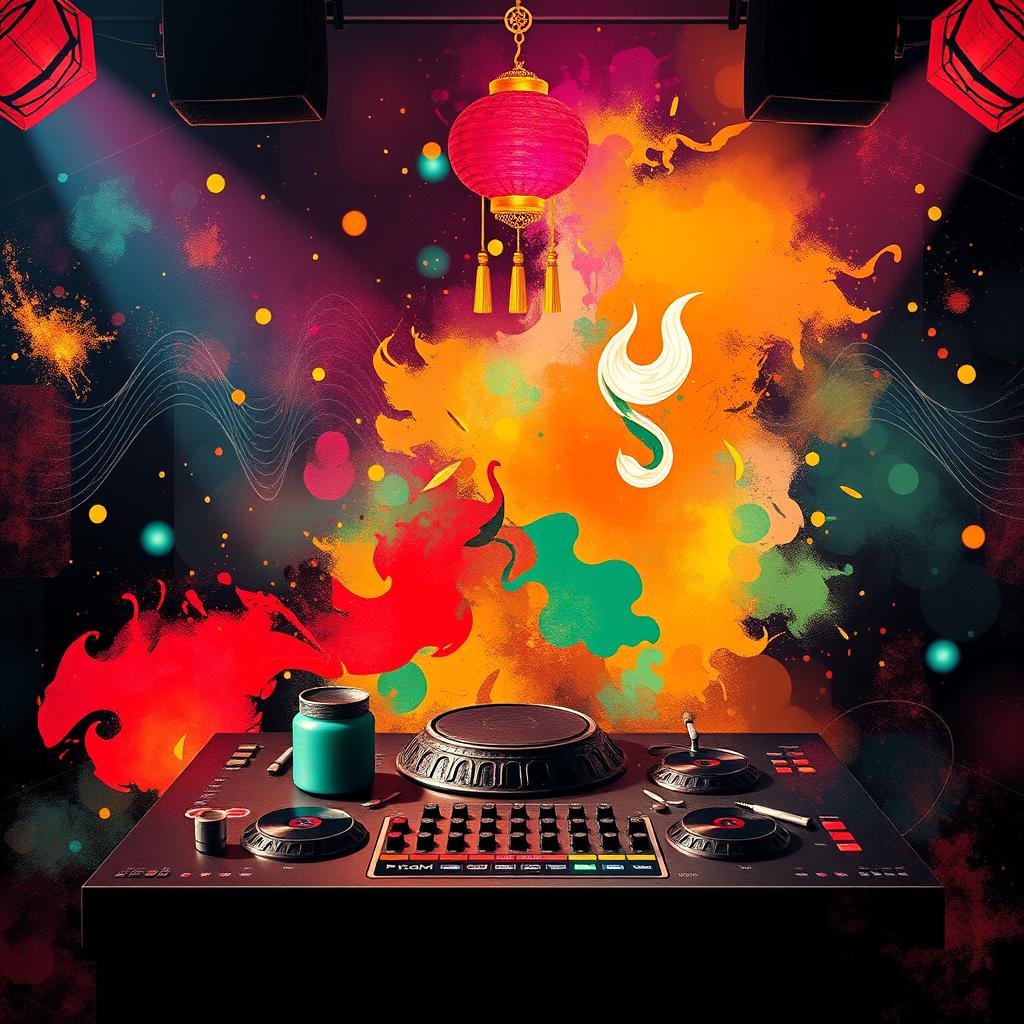A visually striking and abstract poster merging Traditional Chinese Medicine (TCM) elements with a DJ club atmosphere