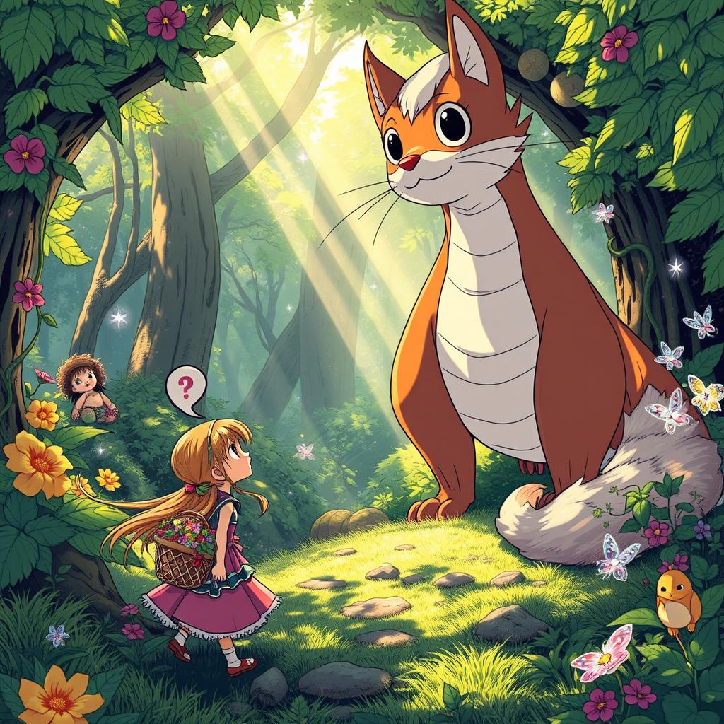 A whimsical and enchanting scene inspired by Studio Ghibli, featuring a lush, vibrant forest filled with fantastical creatures