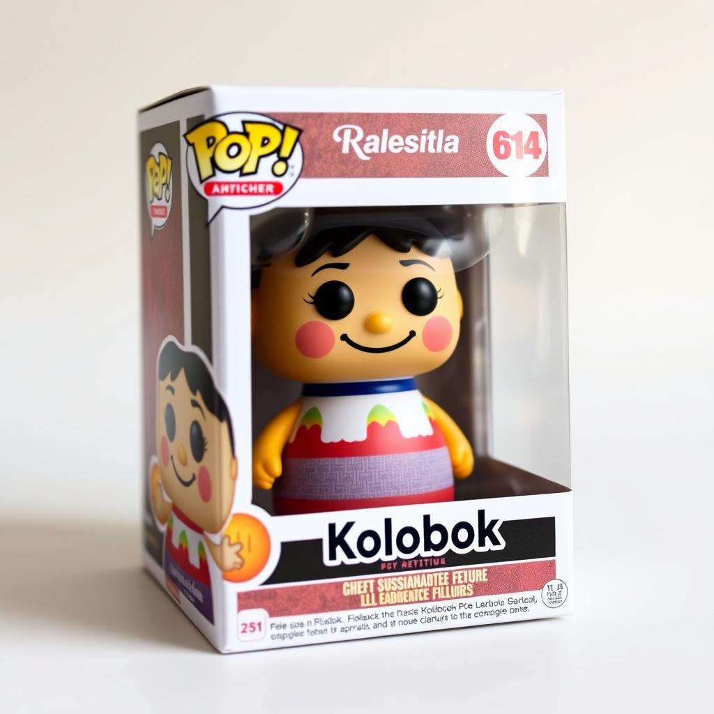 A Funko Pop figure inspired by the character Kolobok, featuring a round head with a smiley face, big eyes, and a friendly expression