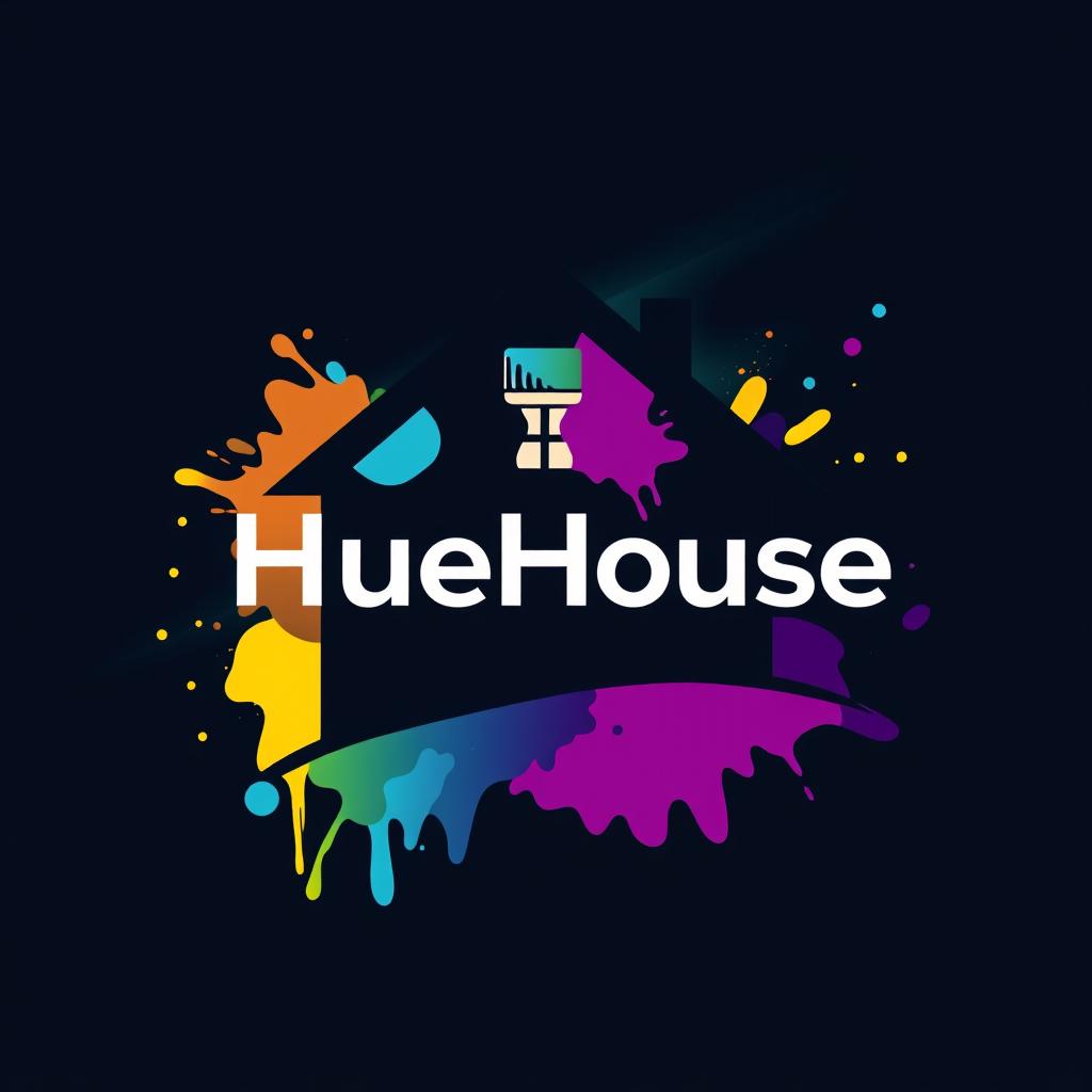 A modern and creative logo for a painting company named HueHouse, featuring a stylized house silhouette with a paintbrush integrated into the design