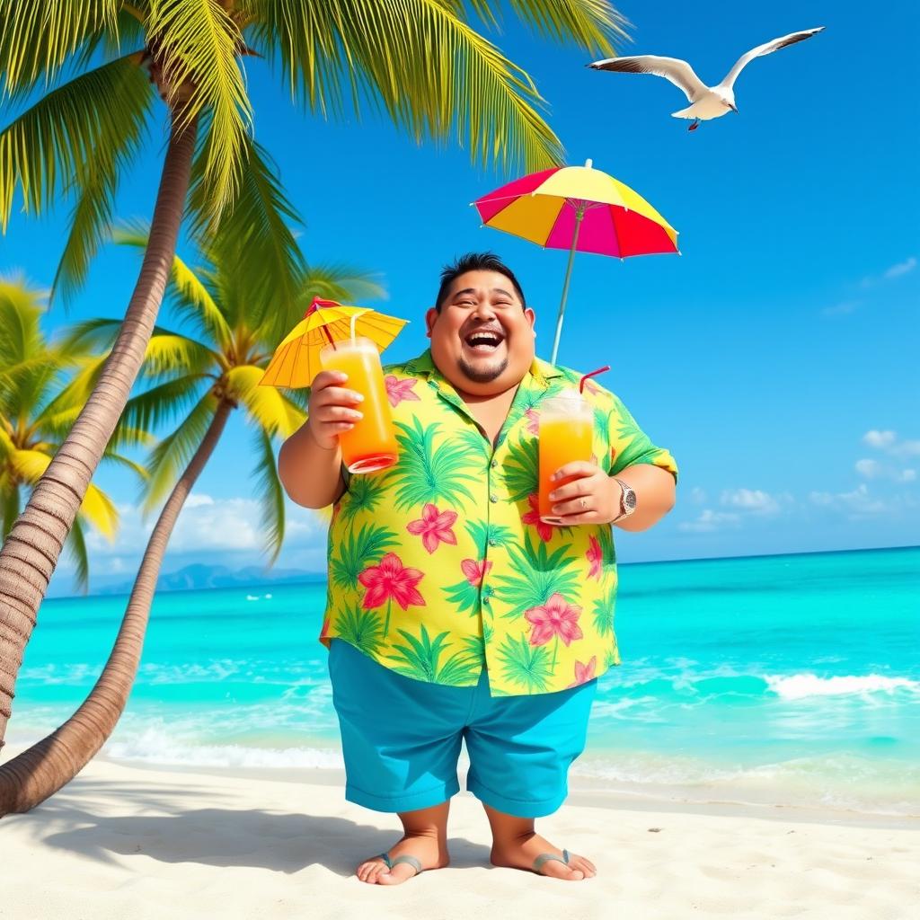 A whimsical scene featuring a cheerful, rotund man with a big belly, wearing a colorful Hawaiian shirt and bright shorts