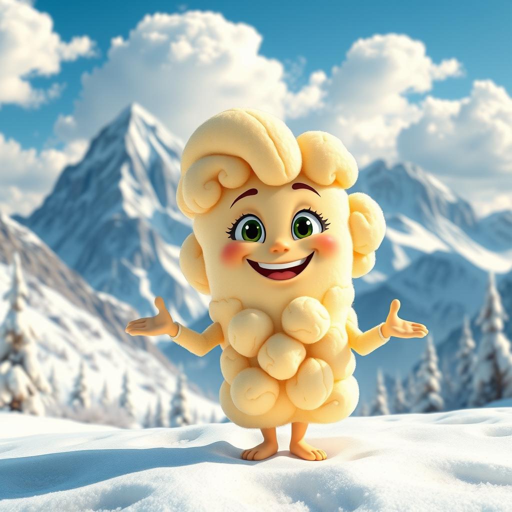 A whimsical, cartoonish character resembling a piece of popcorn with human-like features, depicted as a female Disney character