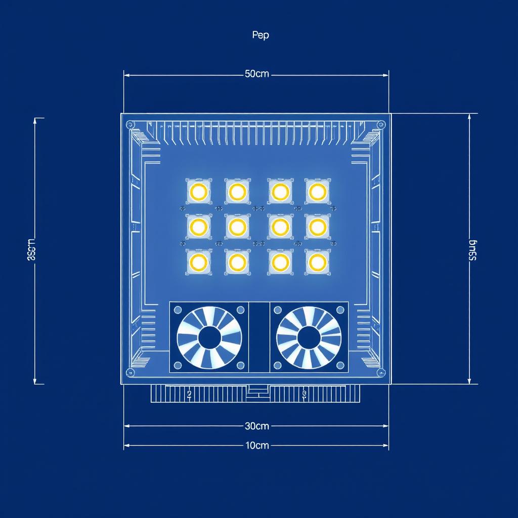 A highly detailed technical blueprint of an LED lighting box featuring a 55cm x 30cm aluminum enclosure