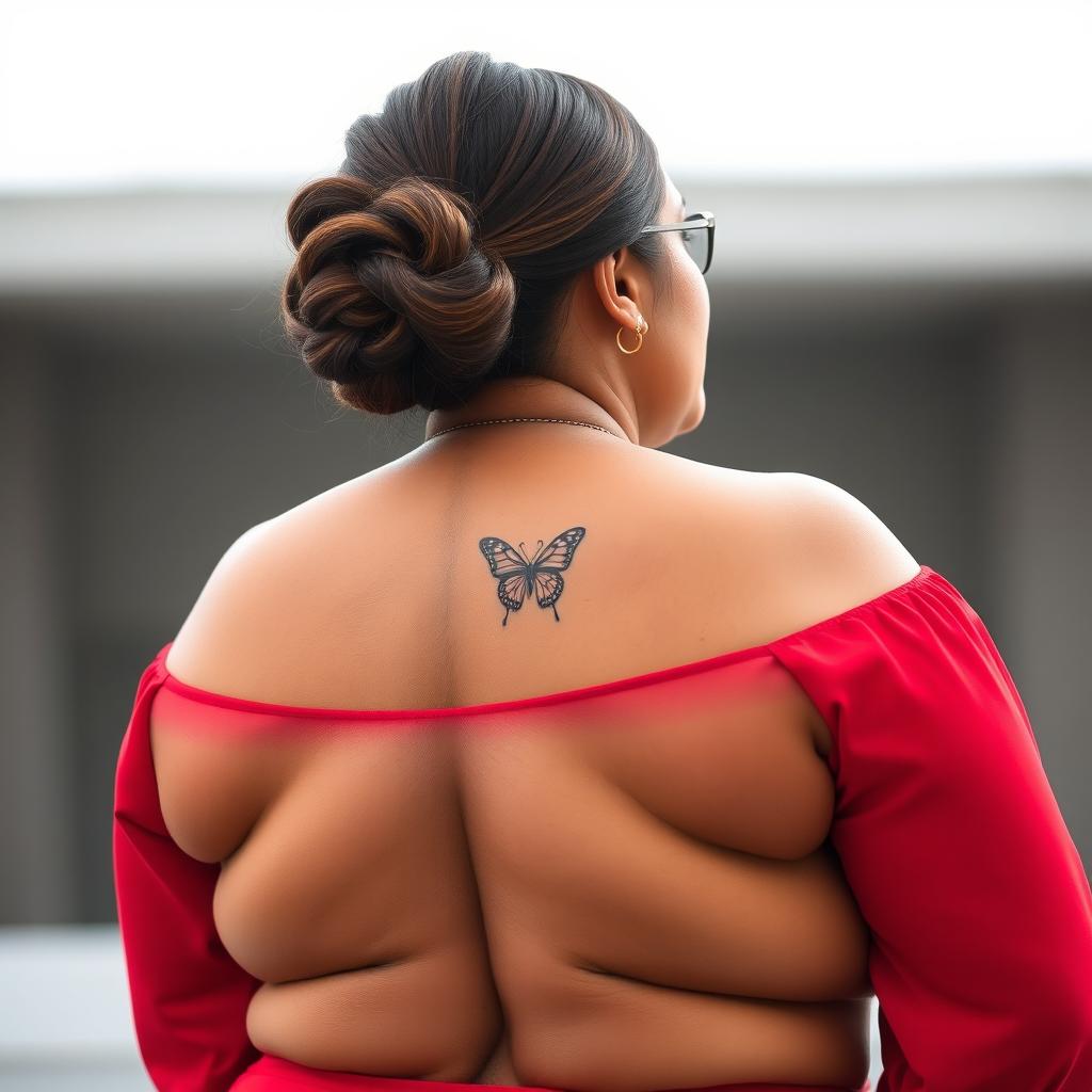 A beautiful plus-size woman with a curvy figure, showcasing the back portion of her body