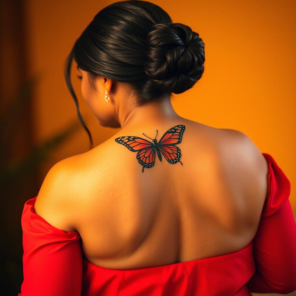 A stunning plus-size woman showcasing the back view of her curvy figure