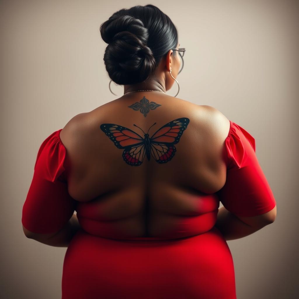 A captivating plus-size woman, viewed from the back, wearing a striking red off-the-shoulder blouse that highlights her curves