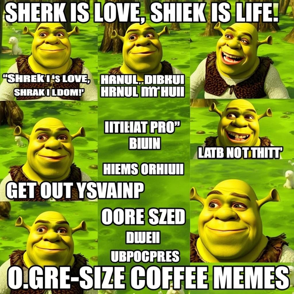 A vibrant and humorous collection of Shrek-themed memes, featuring Shrek in various meme formats including 'Shrek is love, Shrek is life', 'Get out of my swamp!', and 'Ogre-sized coffee memes'