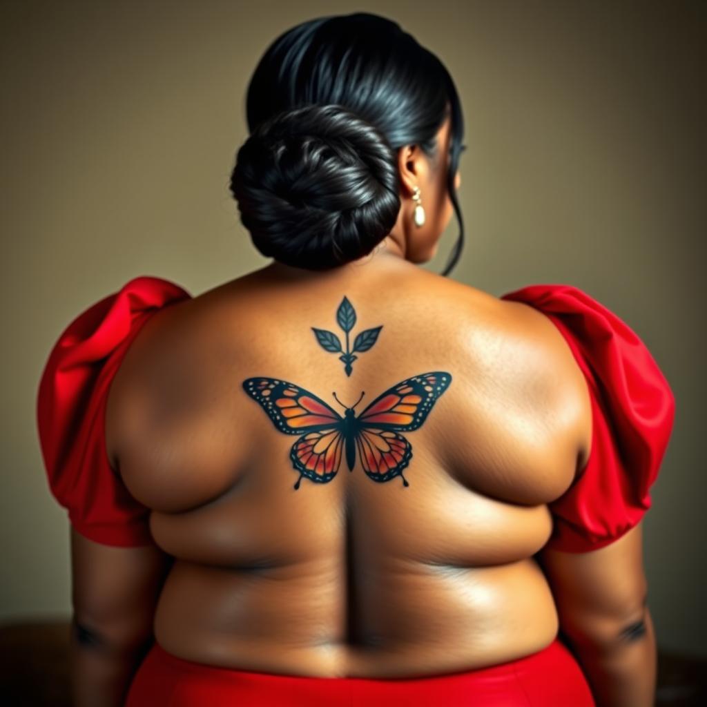 A captivating plus-size woman, showcasing her back view in a vibrant red off-the-shoulder blouse that beautifully contours her curves