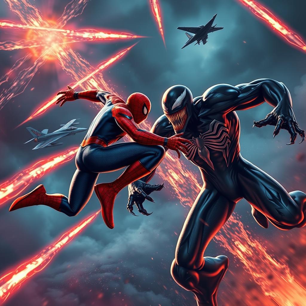 A dynamic scene depicting Spider-Man battling Venom in an epic showdown, with fiery meteors streaking across the sky, illuminating the night