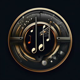 Circular logo portraying a music theme, incorporating elements such as musical notes, a musical score, or musical instruments.