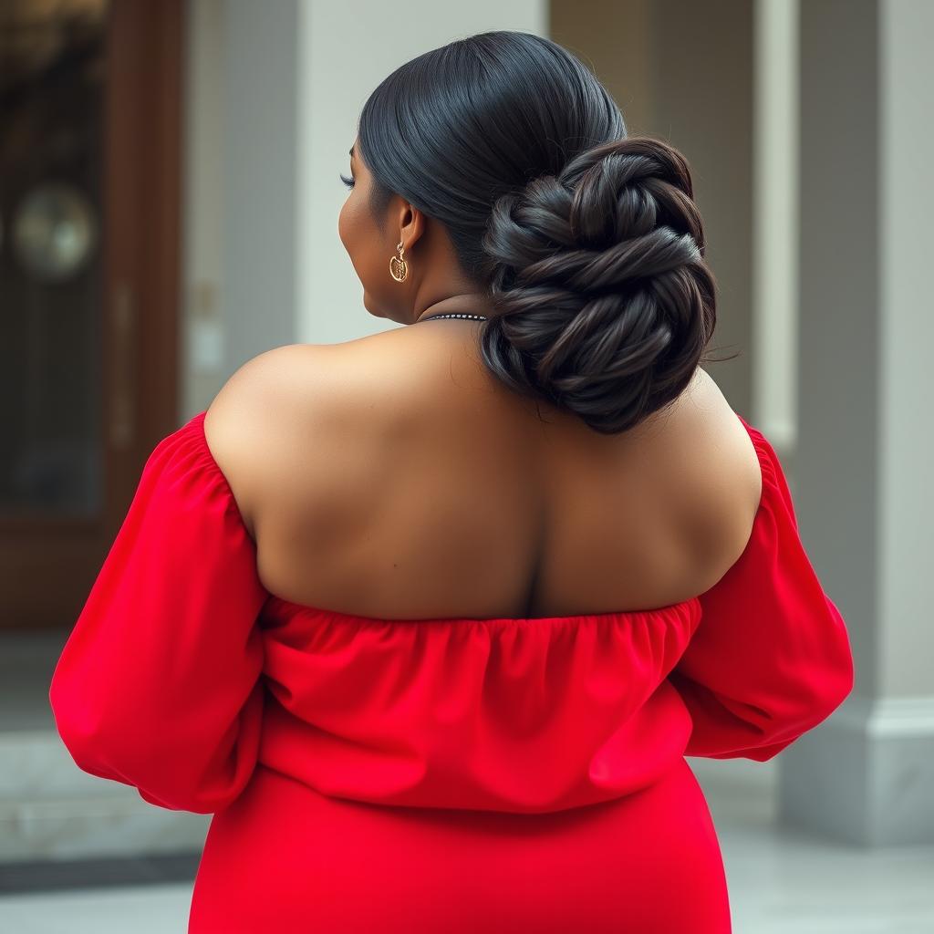 A stunning plus-size woman viewed from the back, dressed in a vibrant red off-the-shoulder blouse that beautifully highlights her curves