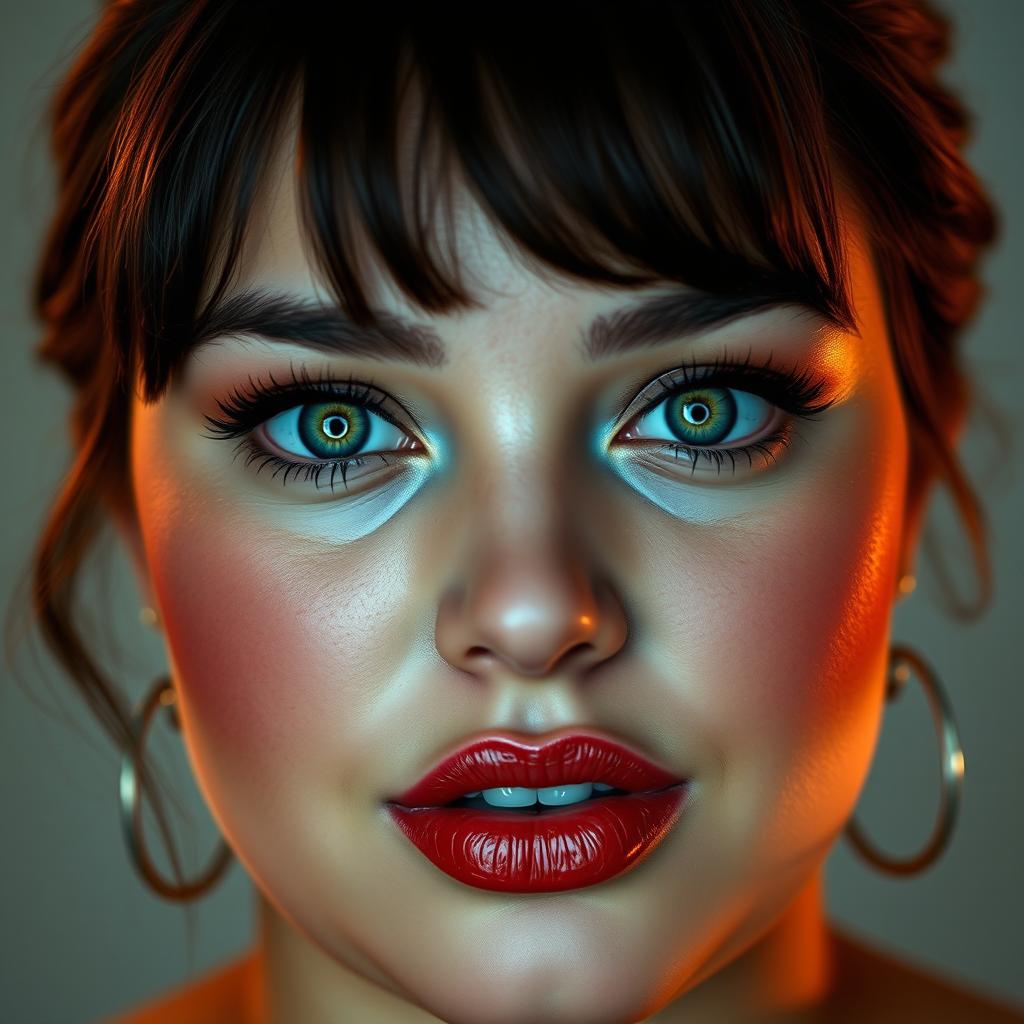 A striking face of a plus-size woman with captivating green eyes that sparkle with allure