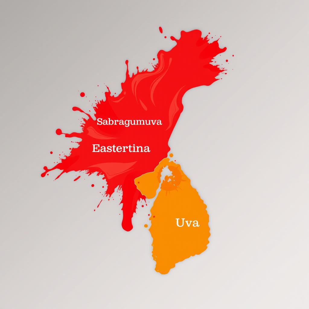 A vibrant, artistic representation of the regions of Sabaragamuwa and Eastern in bright red colors, alongside the Uva region depicted in a radiant orange