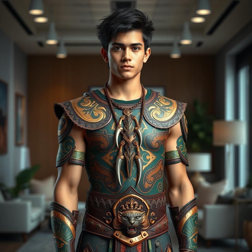 A young male character, around 20 years old, standing in a modern studio