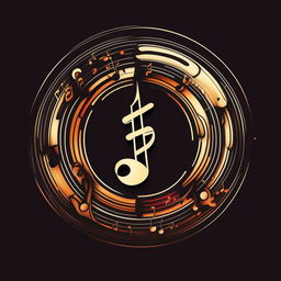 Circular logo portraying a music theme, incorporating elements such as musical notes, a musical score, or musical instruments.