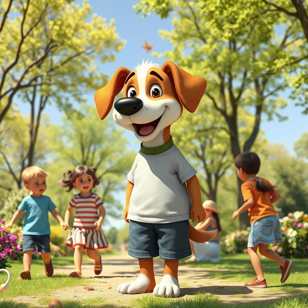 A whimsical scene depicting a friendly dog transformed into a human character