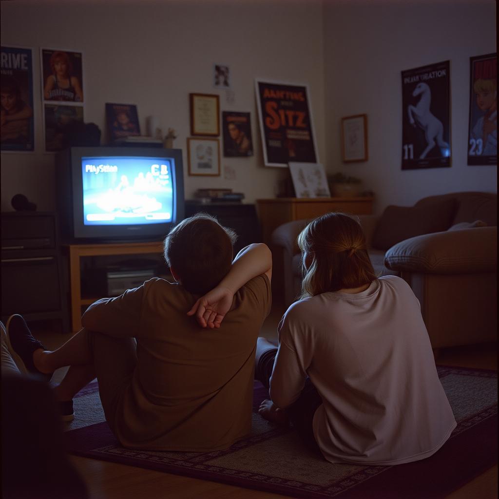 A vintage photo style capturing a cozy moment of two friends sitting relaxed on the floor of a dimly lit room