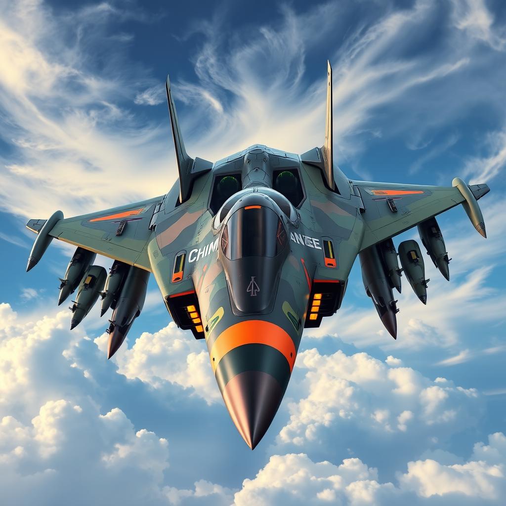 A futuristic aircraft designed with missiles and bombs, featuring the word 'Chimpanzee' prominently displayed on the cockpit area where the pilots sit