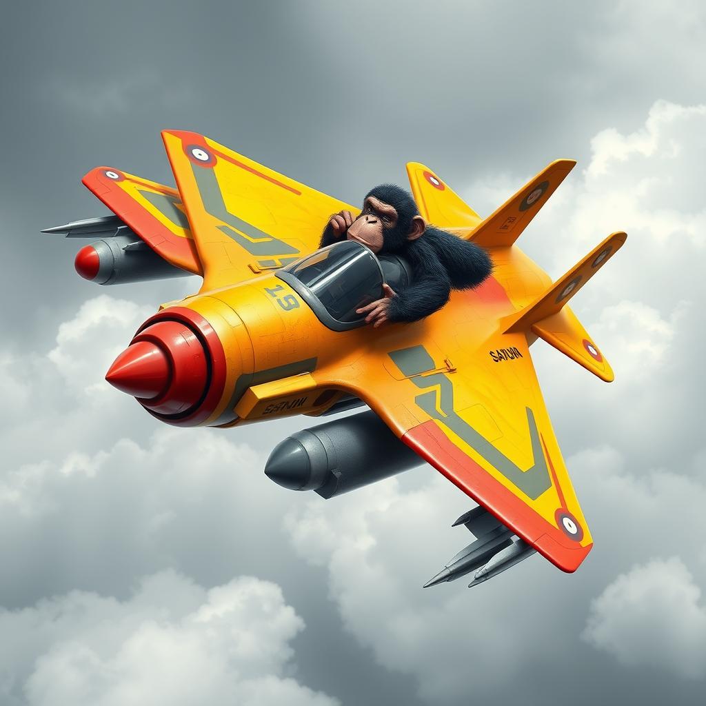 A unique fighter jet design that combines elements inspired by a chimpanzee, with a bomb integrated into its structure