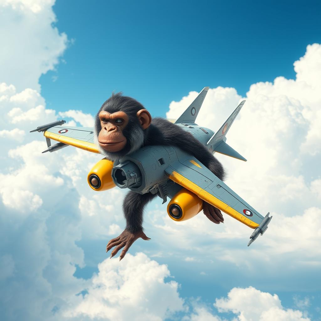A surreal concept of a war jet that resembles a chimpanzee, creatively designed with a mix of mechanical and organic features