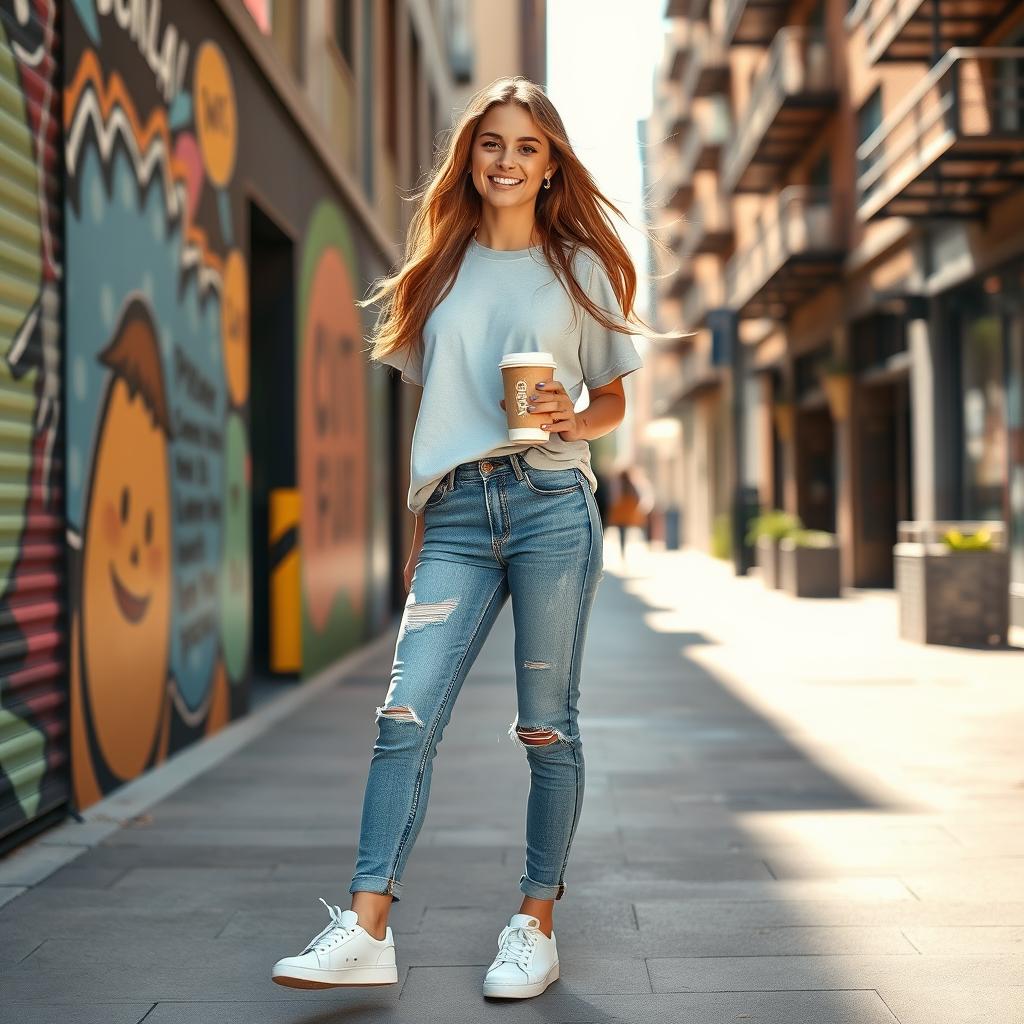 A stylish young woman in a modern urban setting, wearing casual clothes that reflect contemporary fashion trends