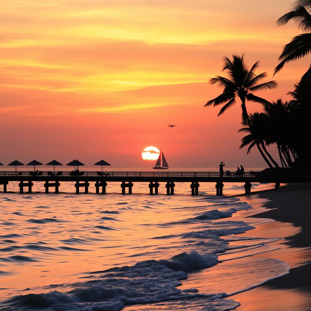 A serene beach scene at sunset, featuring calm waves gently lapping at the shore