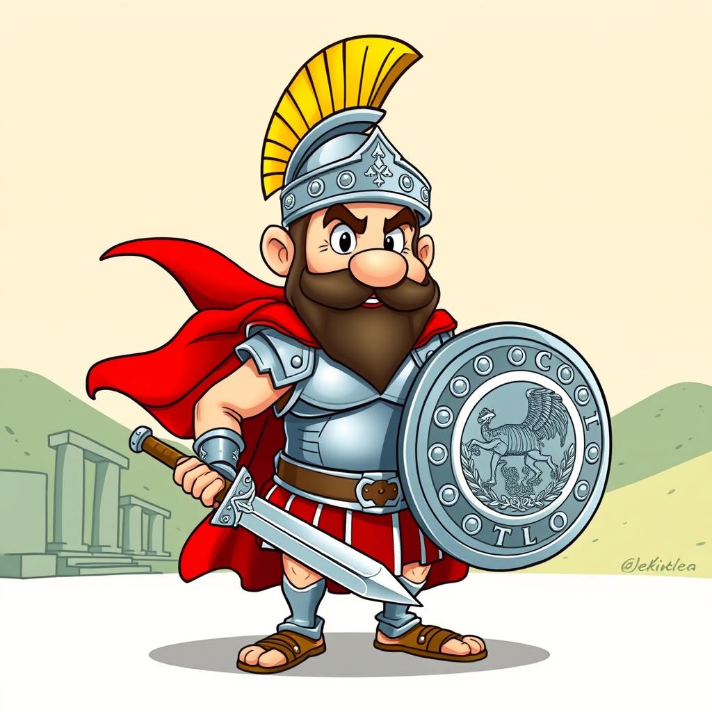 A cartoon character designed as a Praetorian warrior from Roman times, in the distinct style of Asterix comic books